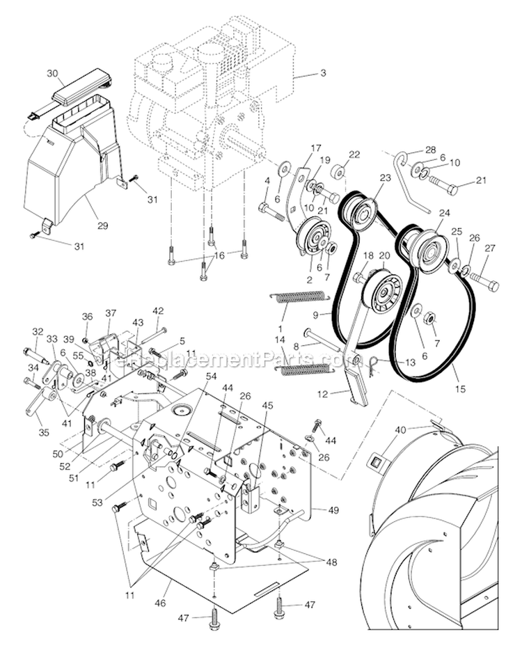 ChassisEnginePulleys Diagram and Parts List for PP927ESC  Poulan Snow Blower