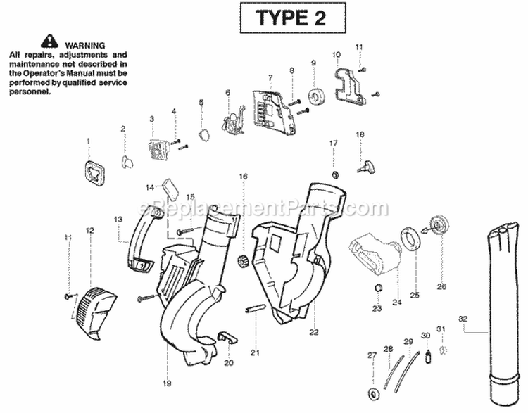 Housing Diagram and Parts List for PPB2000 Type2 Poulan Leaf Blower / Vacuum