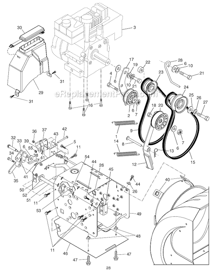 ChassisEnginePulleys Diagram and Parts List for PR10527ESA  Poulan Snow Blower