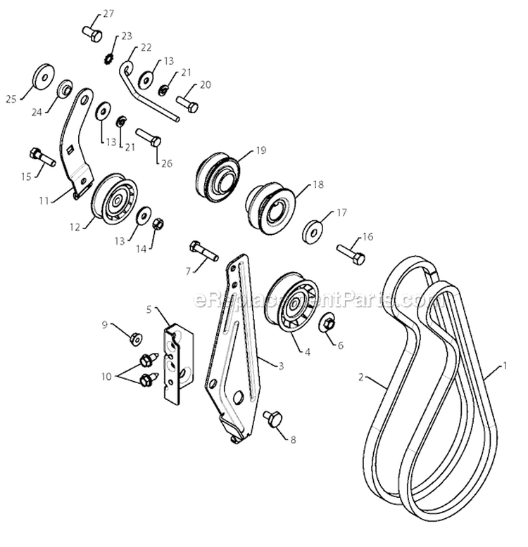 Chassis Engine Pulleys Diagram and Parts List for PR14527ES 96198004702 - 2012-06 Poulan Snow Blower