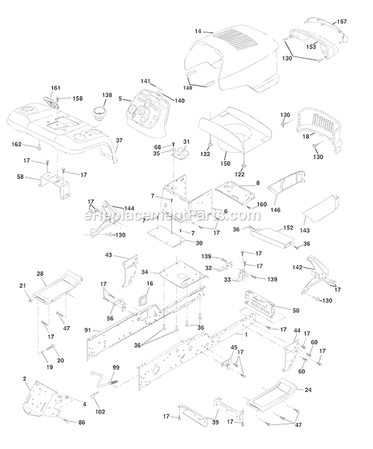 Chassis And Enclosures Diagram and Parts List for PRGT25H48A 2002 Poulan Lawn Tractor
