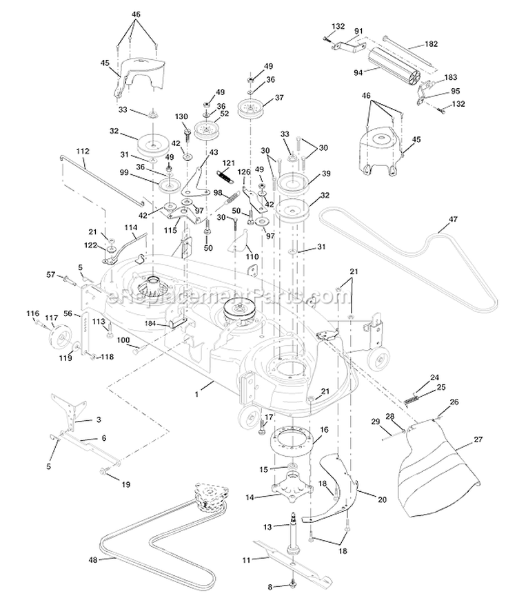 Mower Deck Diagram and Parts List for PRGT25H48A 2002 Poulan Lawn Tractor