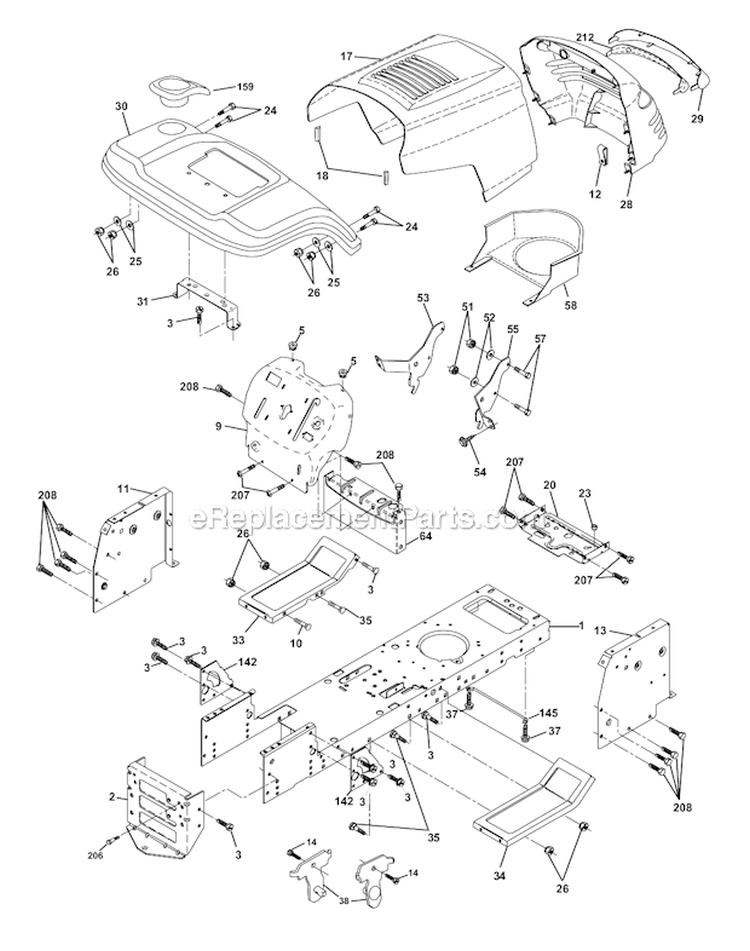 Chassis Diagram and Parts List for PRK17H42STB  Poulan Lawn Tractor