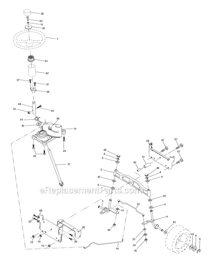 Steering Assembly Diagram and Parts List for PRK17H42STB  Poulan Lawn Tractor