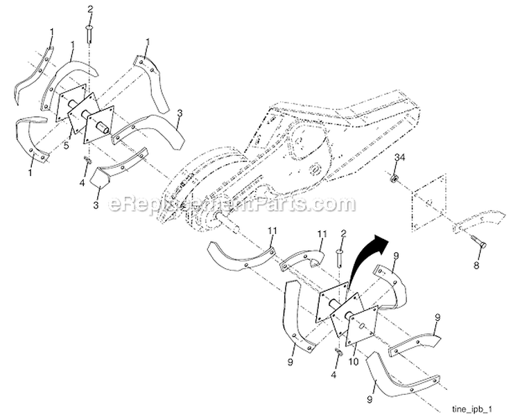 Tine Assembly Diagram and Parts List for PRRT65 96092000100 Poulan Lawn Mower