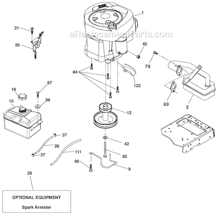 Engine Diagram and Parts List for PXT195G42 96046002202 Poulan Lawn Tractor