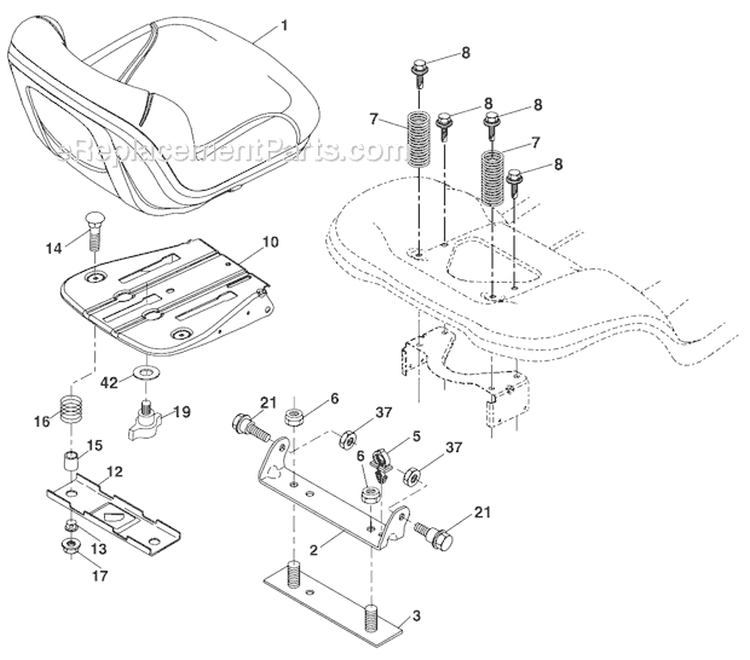 Seat Assembly Diagram and Parts List for PXT195G42 96046002202 Poulan Lawn Tractor