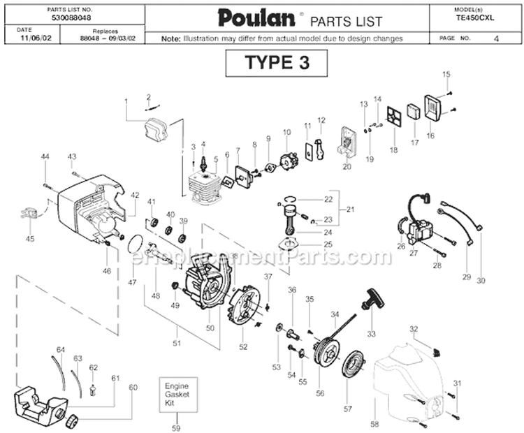 Page B Diagram and Parts List for TE450CXL Type 3 Poulan Trimmer