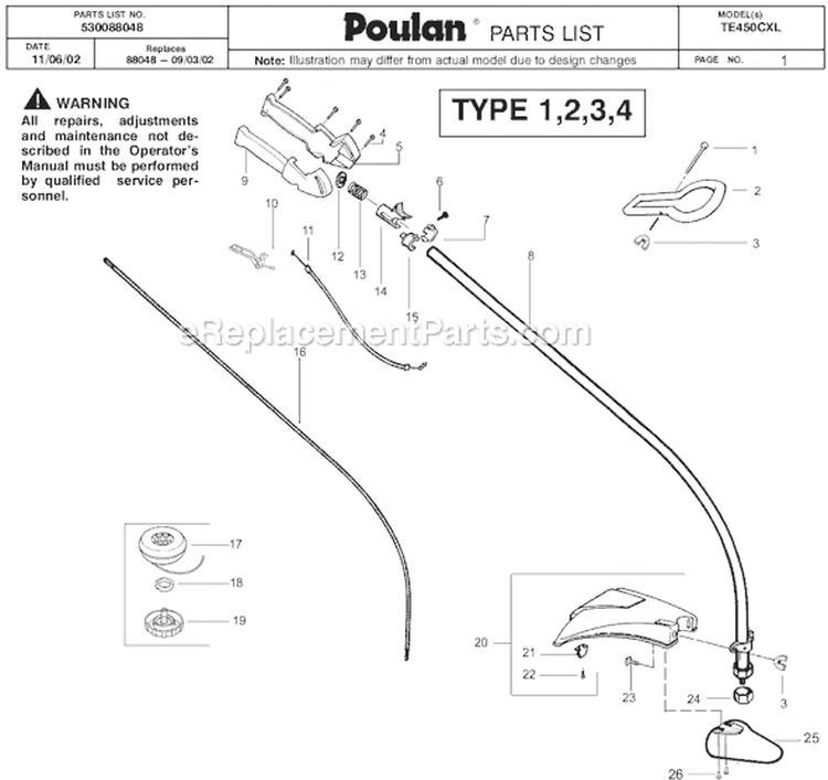 Page A Diagram and Parts List for TE450CXL Type 4 Poulan Trimmer