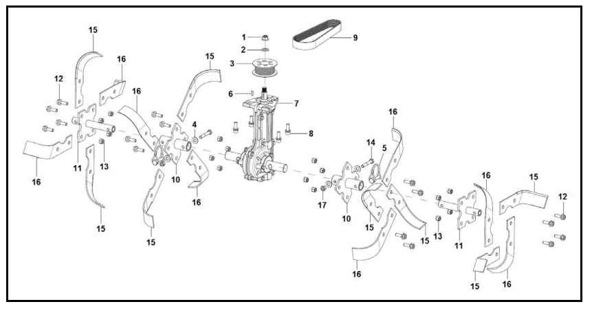 Tine And Transmission Assembly Diagram and Parts List for PFTT1421  Powermate Tiller