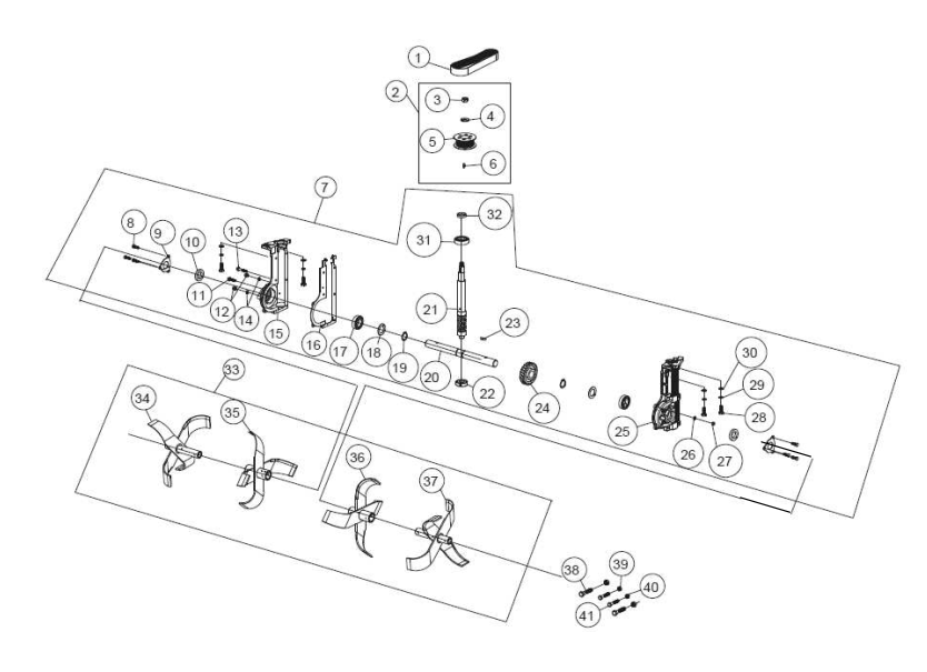 Tine And Transmission Assembly Diagram and Parts List for P-FTT-160MD-E  Powermate Tiller