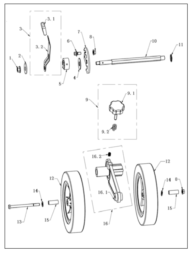 Front Wheel Assembly Diagram and Parts List for P-WLE-1639  Powermate Edger