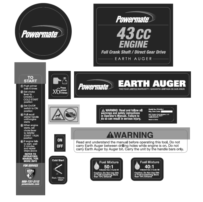 Unit Decal Sheet Diagram and Parts List for PEA438  Powermate Edger