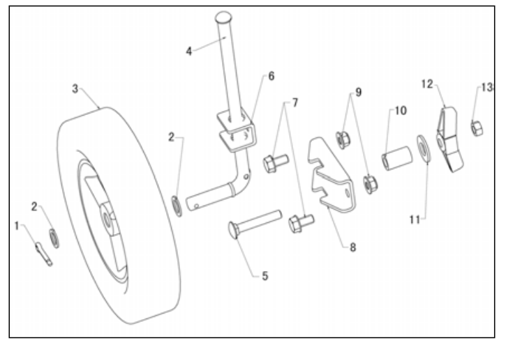Adjustable Rear Wheel Assembly Diagram and Parts List for P-WLE-1639  Powermate Edger