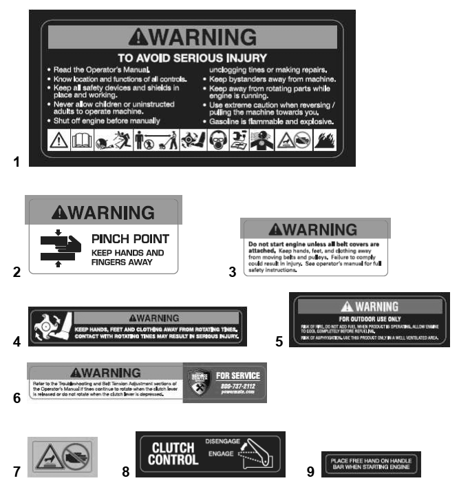 Warning And Safe Operation Labels Diagram and Parts List for P-FTT-160MD-E  Powermate Tiller