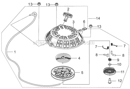 Recoil Starter Diagram and Parts List for PFTT150B  Powermate Tiller