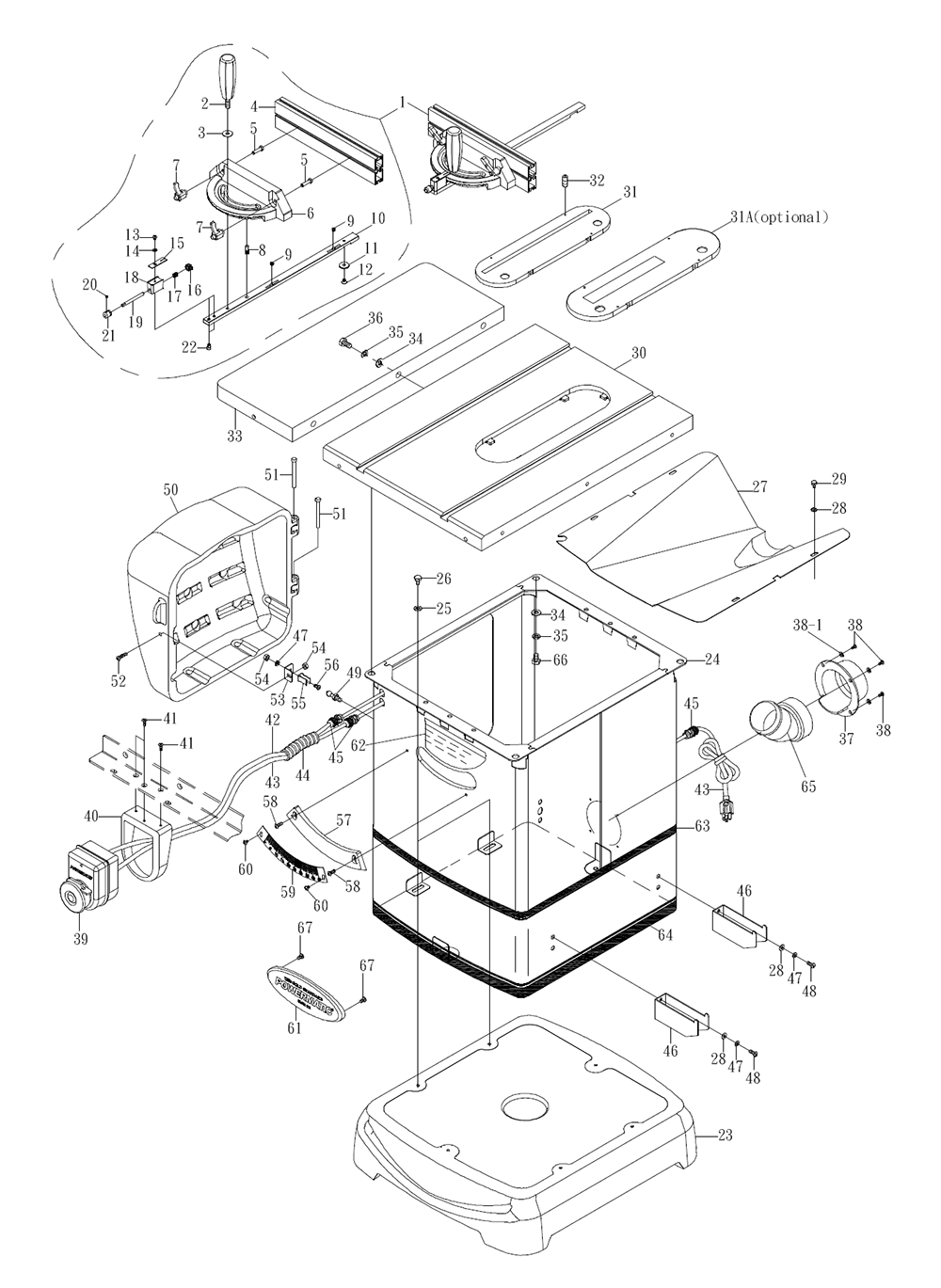 Fig-0 Diagram and Parts List for 1791001K  Powermatic Table Saw