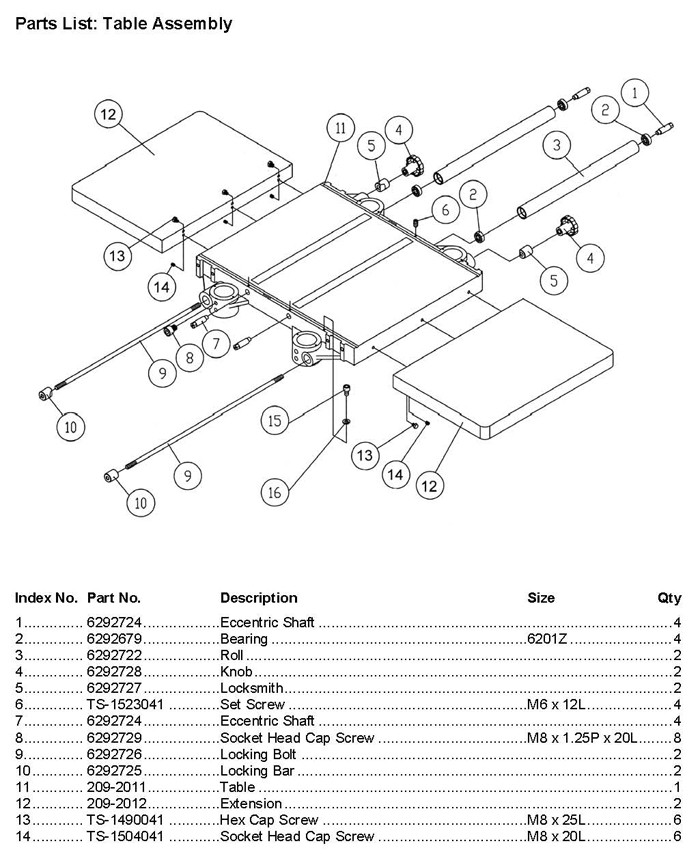 Table Assebmly Diagram and Parts List for 209 1791296 Powermatic Planer Jointer