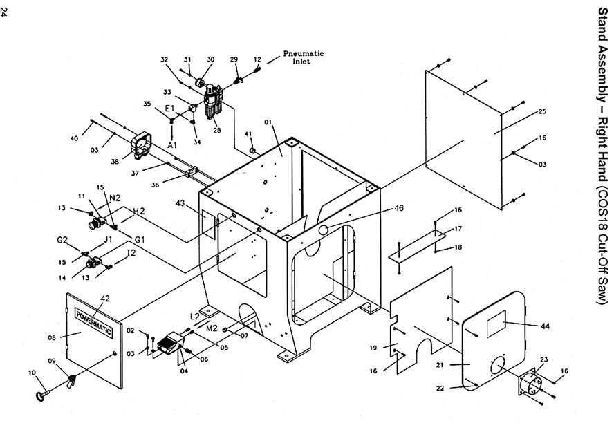 Stand Assembly - Right Hand Diagram and Parts List for COS18  Powermatic Circular Saw