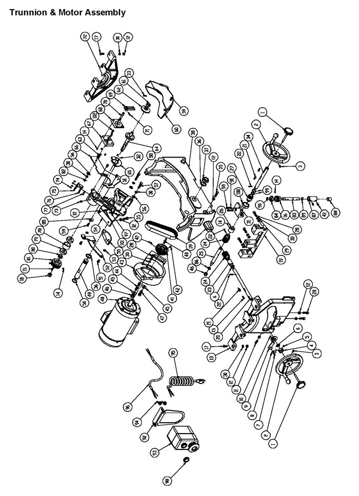 Trunnion And Motor Assembly Diagram and Parts List for PM2000 1792017K Powermatic Table Saw