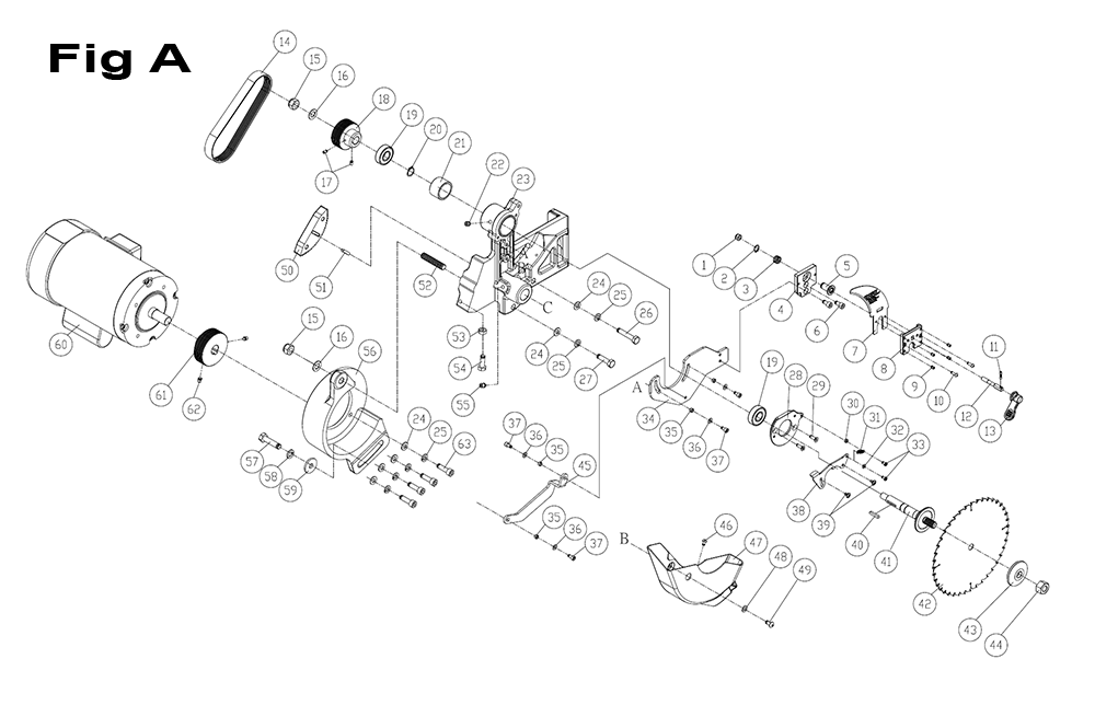Fig-A Diagram and Parts List for PM25150RK  Powermatic Table Saw