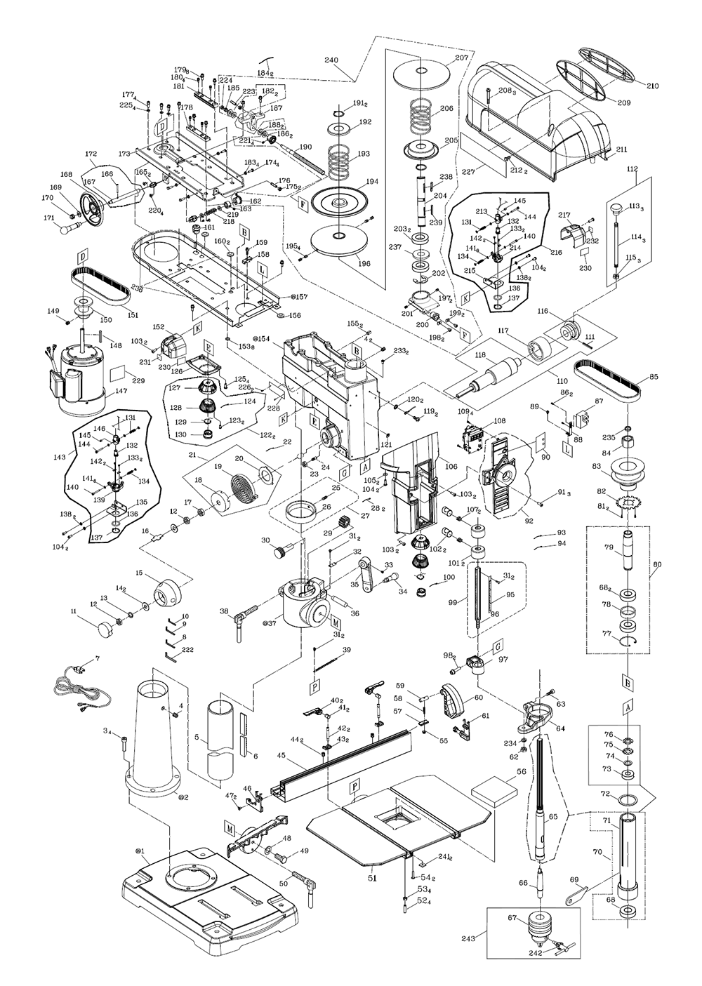 Fig-0 Diagram and Parts List for 1792800B  Powermatic Drill Press