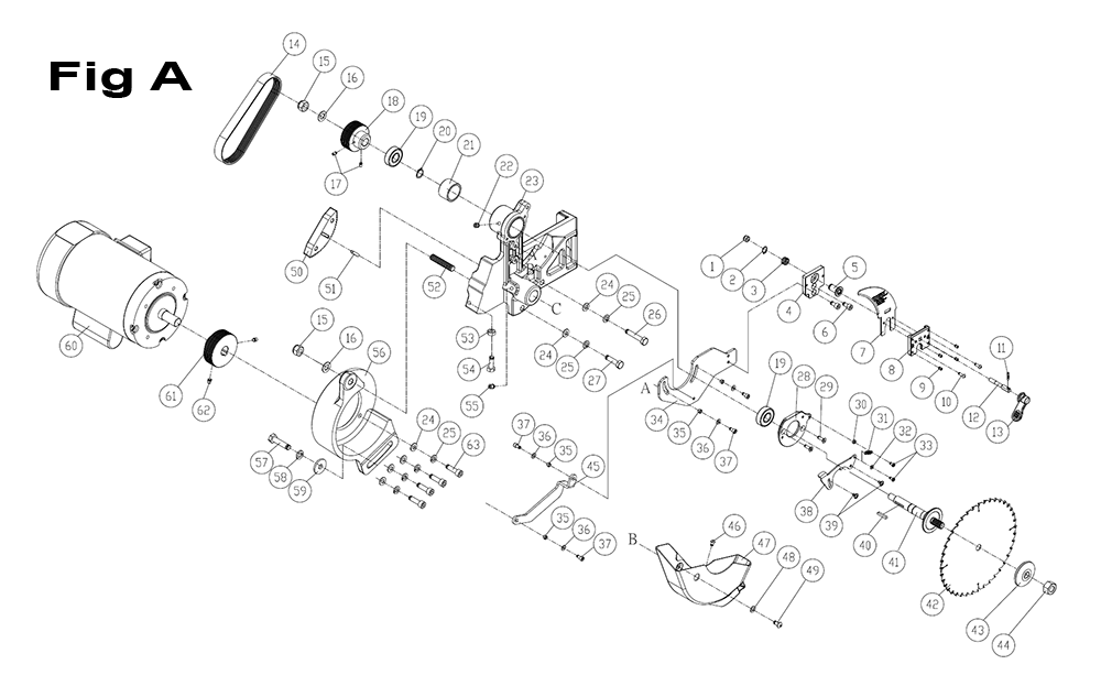 Fig-A Diagram and Parts List for PM25350WK  Powermatic Table Saw