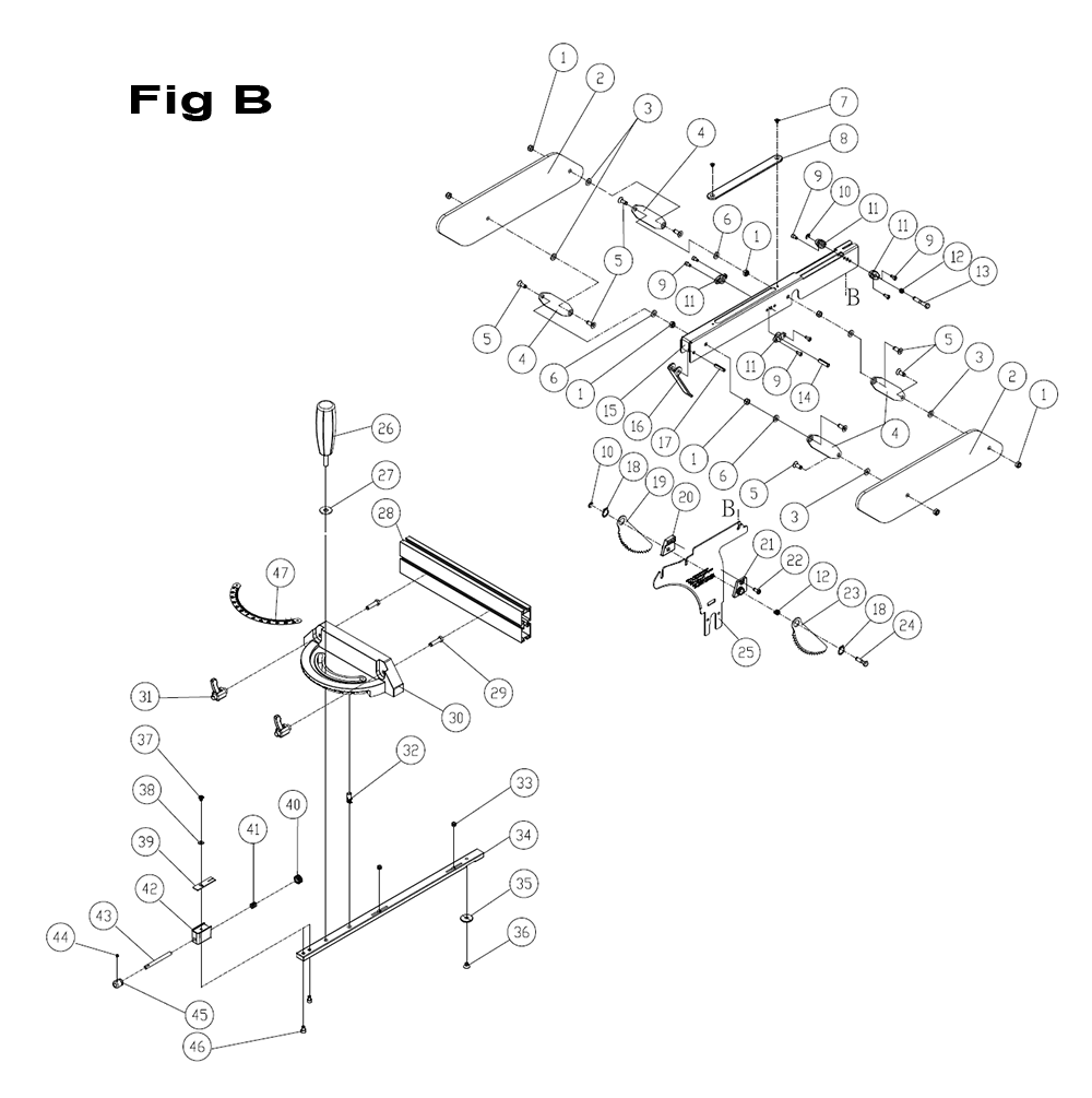 Fig-B Diagram and Parts List for PM25150K  Powermatic Table Saw
