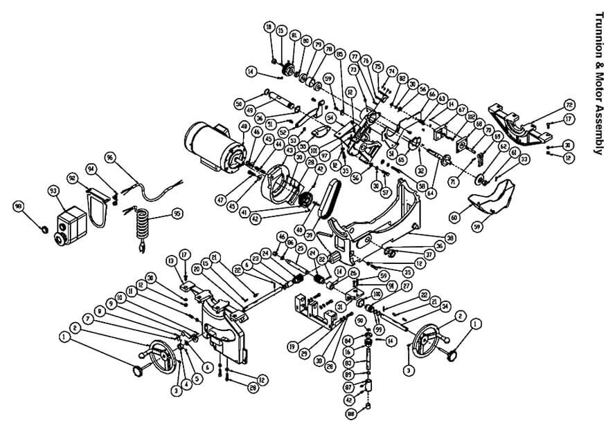 Trunnion And Motor Assembly Diagram and Parts List for PM2000 1792018K Powermatic Table Saw
