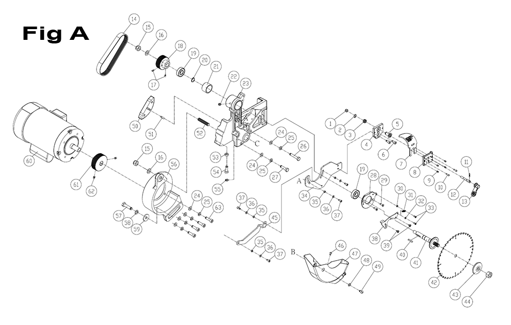 Fig-A Diagram and Parts List for PM25150K  Powermatic Table Saw
