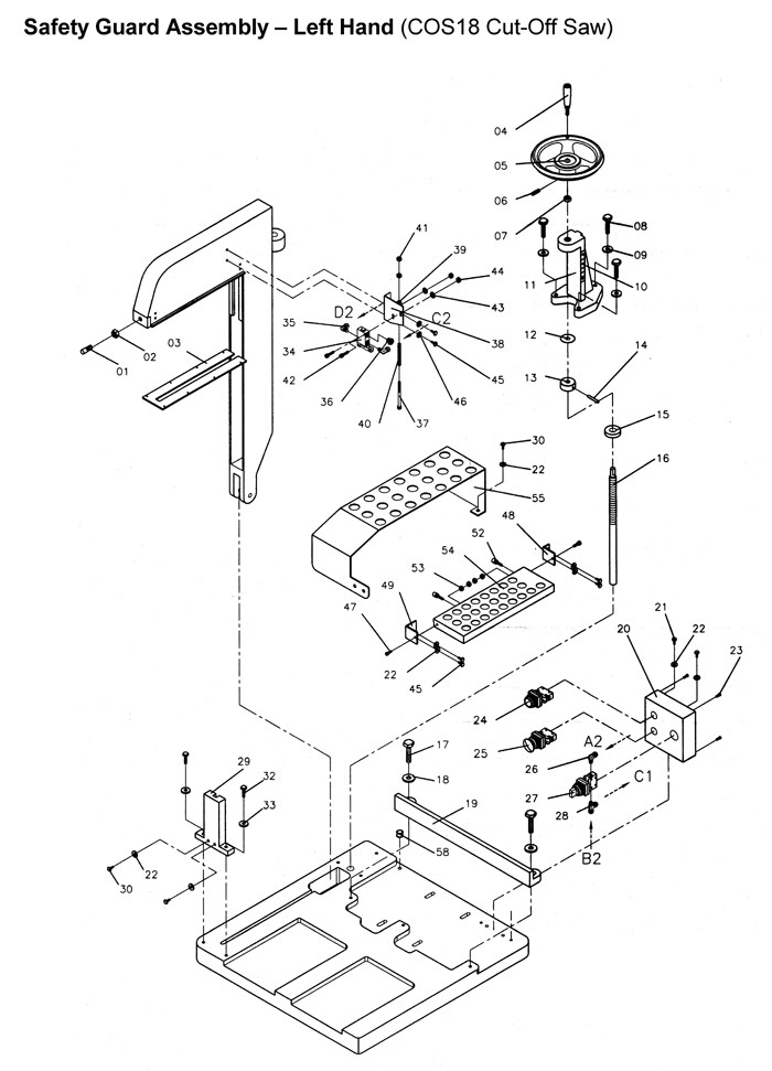 Safety Guard Assembly - Left Hand Diagram and Parts List for COS18  Powermatic Circular Saw