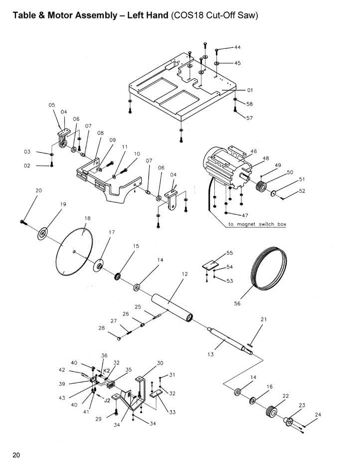 Table And Motor Assembly - Left Hand Diagram and Parts List for COS18  Powermatic Circular Saw