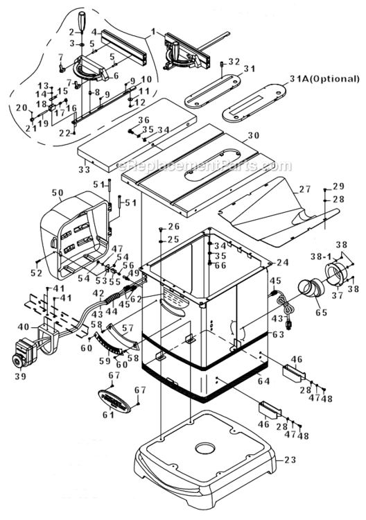 Table_And_Cabinet_Assembly Diagram and Parts List for PM1000 1791001K Powermatic Table Saw