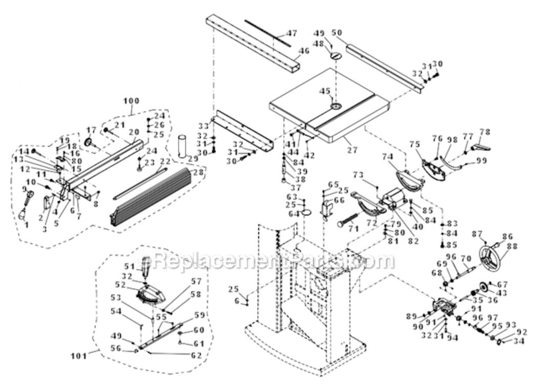 Table_And_Fence_Assembly Diagram and Parts List for PM1800 1791801 Powermatic Band Saw