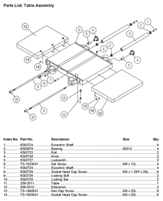 Table Assebmly Diagram and Parts List for 209 1791296 Powermatic Planer Jointer