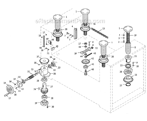Table Raising Diagram and Parts List for RB-25  Powermatic Sander Polisher