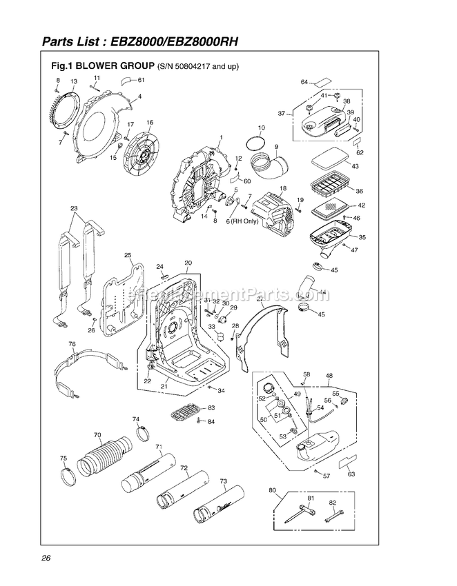 Frame Diagram and Parts List for EBZ8000 50804217 AND UP RedMax Leaf Blower / Vacuum