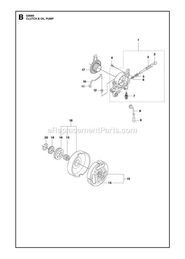 Clutch And Oil Pump Diagram and Parts List for G9000  RedMax Chainsaw