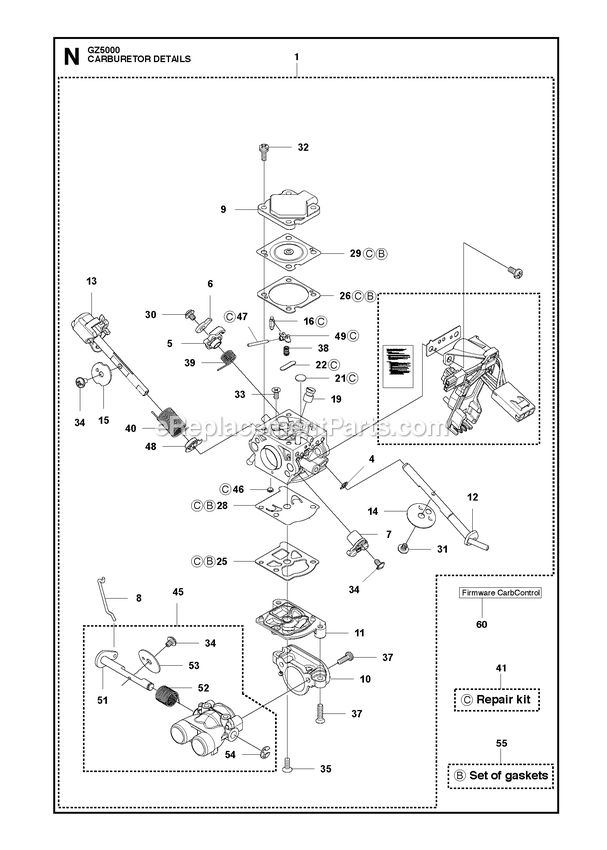 Carburetor Details Diagram and Parts List for GZ5000  RedMax Chainsaw
