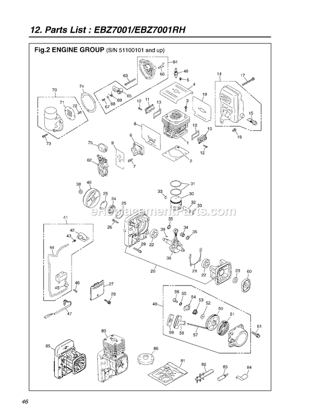 Engine Diagram and Parts List for EBZ7001RH 51100101 - 60600100 RedMax Leaf Blower / Vacuum