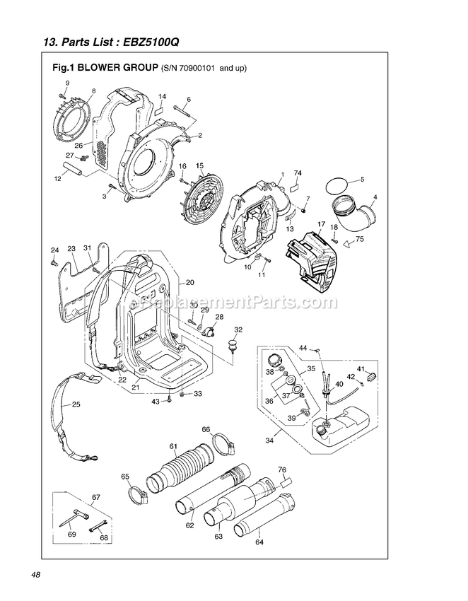 Frame Diagram and Parts List for EBZ5100Q 70900101 AND UP RedMax Leaf Blower / Vacuum