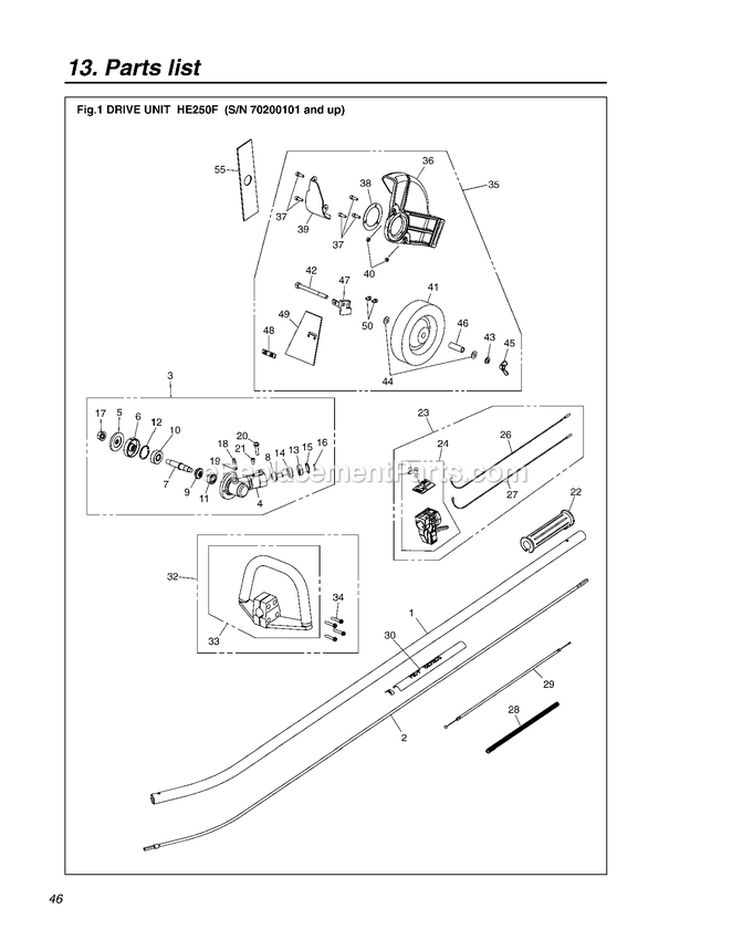 Drive Diagram and Parts List for HE250F 70200101 AND UP RedMax Edger