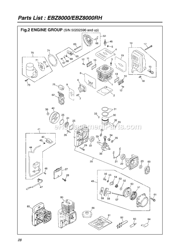 Engine Diagram and Parts List for EBZ8000RH 50202596 - 50804216 RedMax Leaf Blower / Vacuum