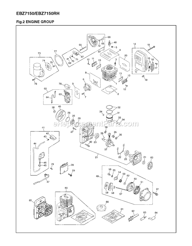 Engine Diagram and Parts List for EBZ7150RH (966363201)(90700101 AND UP) RedMax Leaf Blower / Vacuum