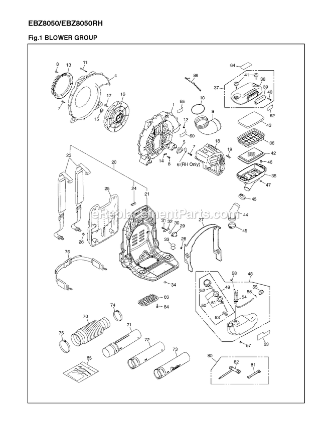 Housing Diagram and Parts List for EBZ8050 (966364001)(90100101 AND UP) RedMax Leaf Blower / Vacuum