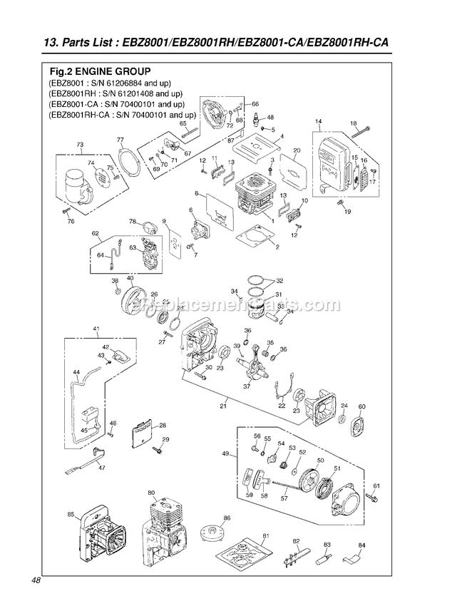 Engine Diagram and Parts List for EBZ8001CA 70400101 - 81000000 RedMax Leaf Blower / Vacuum