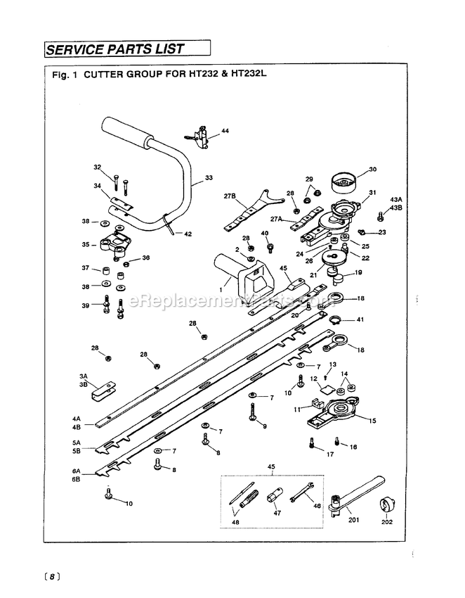 Cutting Equipment Diagram and Parts List for HT232L 000001 AND UP RedMax Hedge Trimmer