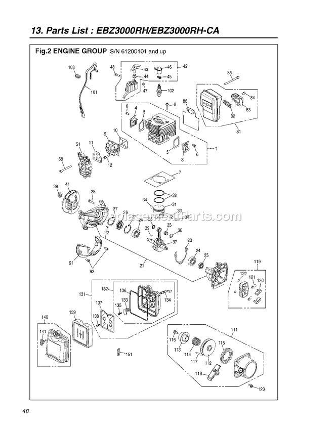 Engine Diagram and Parts List for EBZ3000RHCA 61200101 AND UP RedMax Leaf Blower / Vacuum