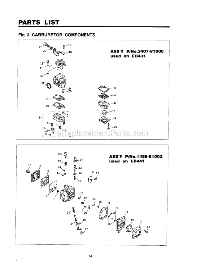 Carburetor Diagram and Parts List for EB441 600000 AND UP RedMax Leaf Blower / Vacuum