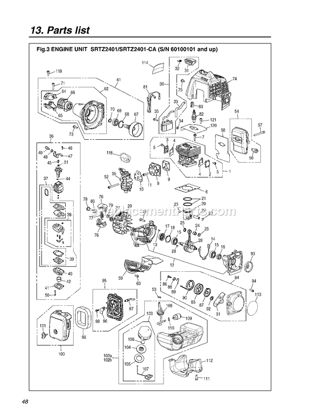 Engine Diagram and Parts List for SRTZ2401CA 60100101 AND UP RedMax Hedge Trimmer